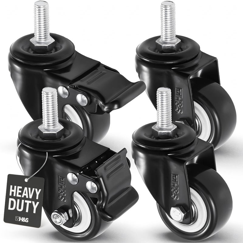 H&S Heavy-Duty Caster Wheels for Trolley & Outdoor Furniture â€“ 4 Casters with Brakes, Black - Castor Wheels - Image 1